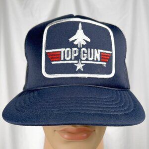 Vintage 80s Adult OS Navy Blue Top Gun Logo Patch Snapback Trucker Hat *DAMAGED*